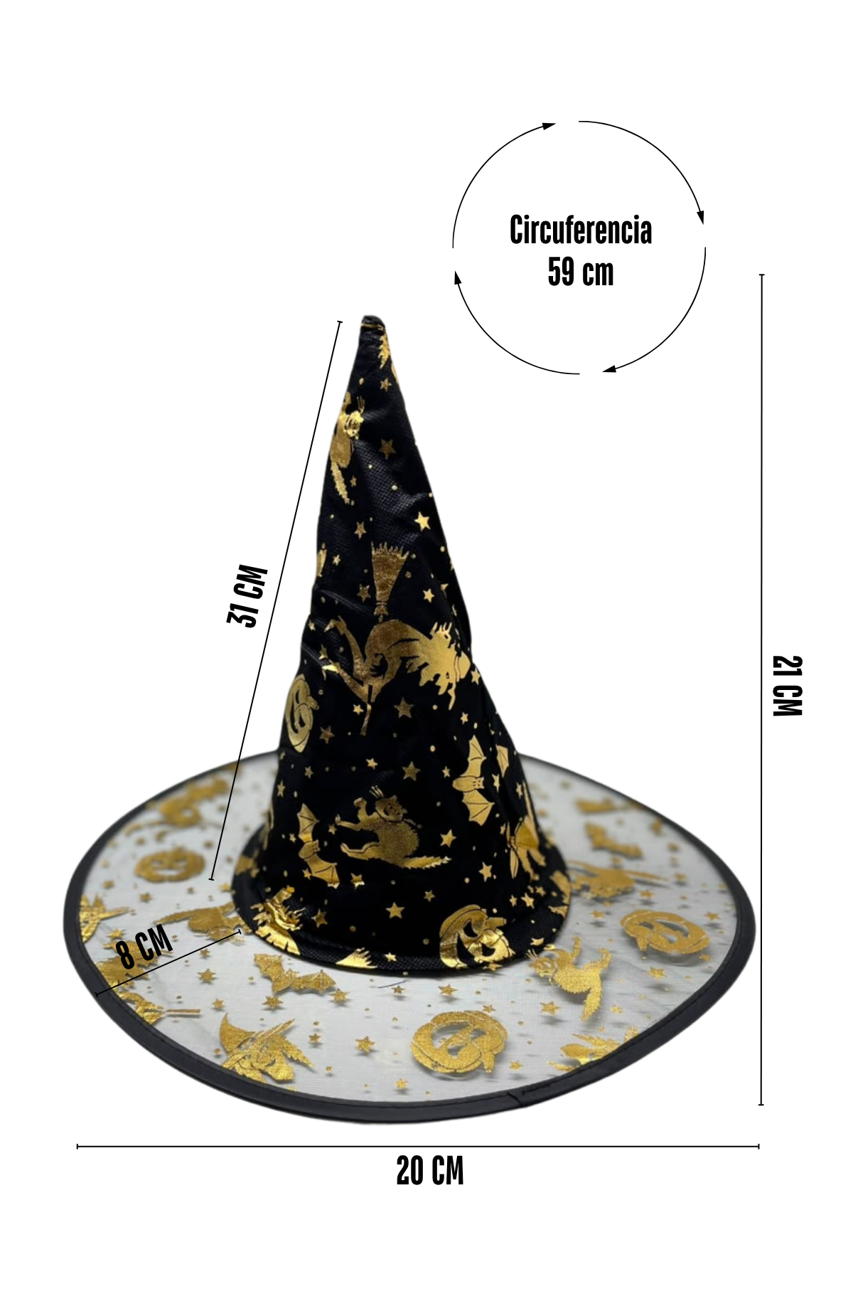 Sombrero De Bruja Negro Con Estampado Dorado Halloween / Fiesta