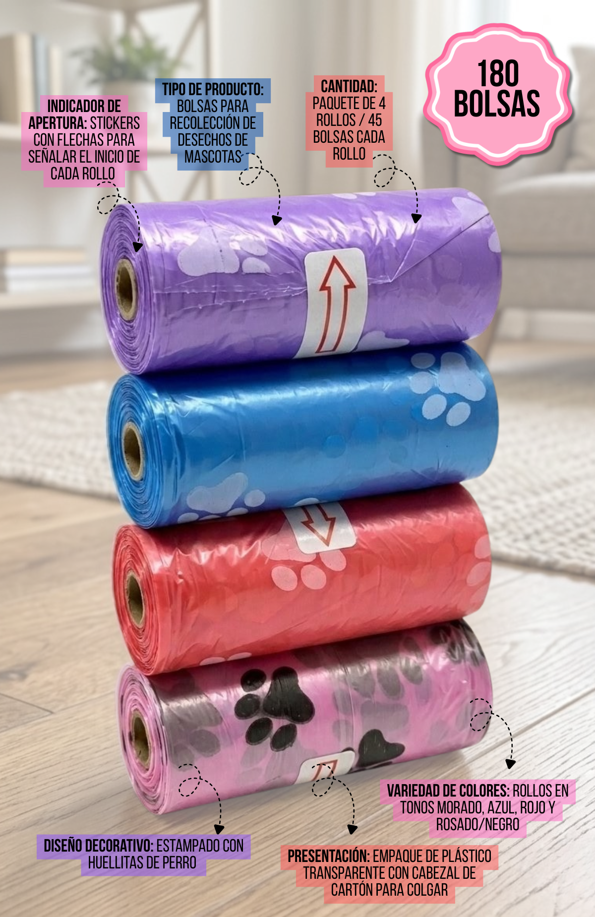 180 Bolsas Plásticas Para Excrementos Mascotas Perros Gatos