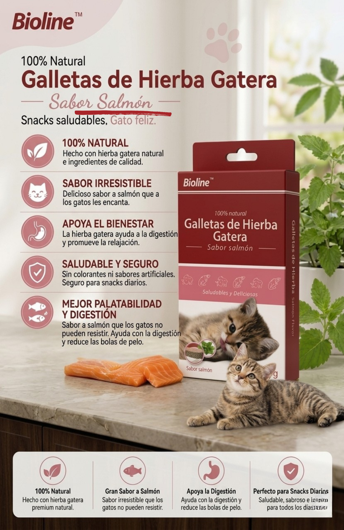 Pack 6 Snack Bioline Gato Con Catnip Y Bacalao / Salmón 80 G