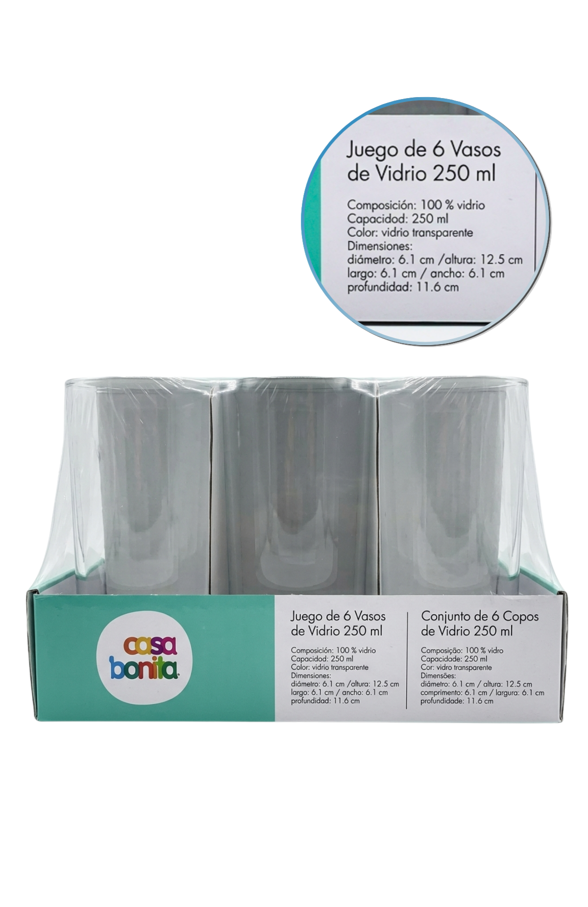 Set De 6 Vasos De Vidrio 250ml Casa Bonita Cristalería Hogar