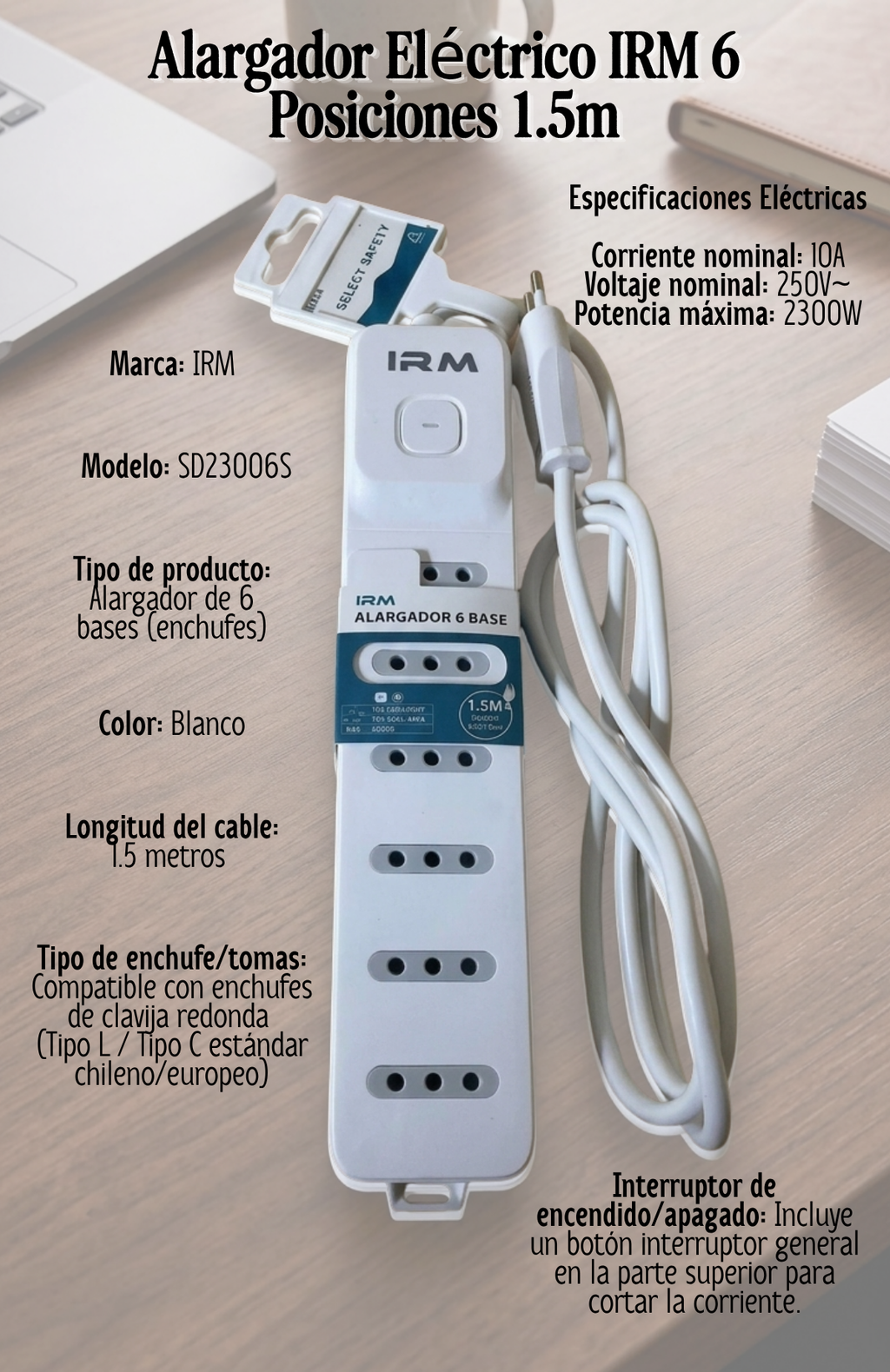 Alargador Zapatilla 6 Tomas 1.5 Metros Con Interruptor