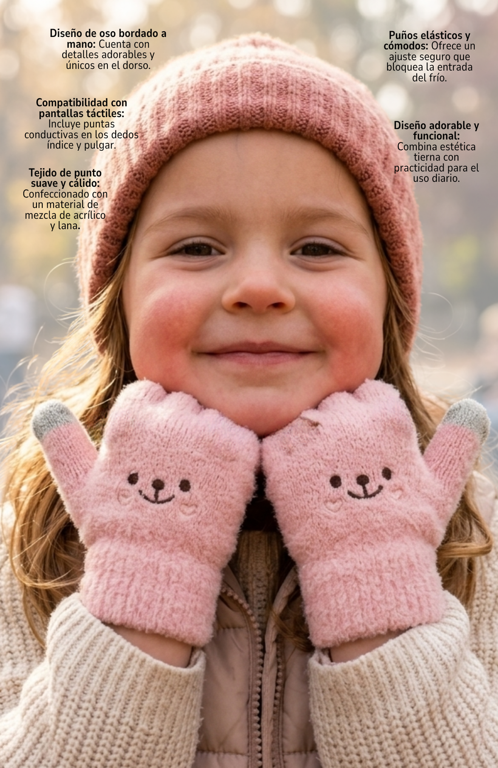 Guantes Táctiles Lana Térmicos Osito Para Niñas 6 A 10 Años