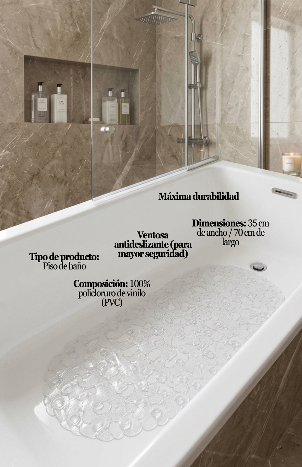 Tapete Antideslizante Piso Ducha Baño Casa Bonita 35x70 Cm