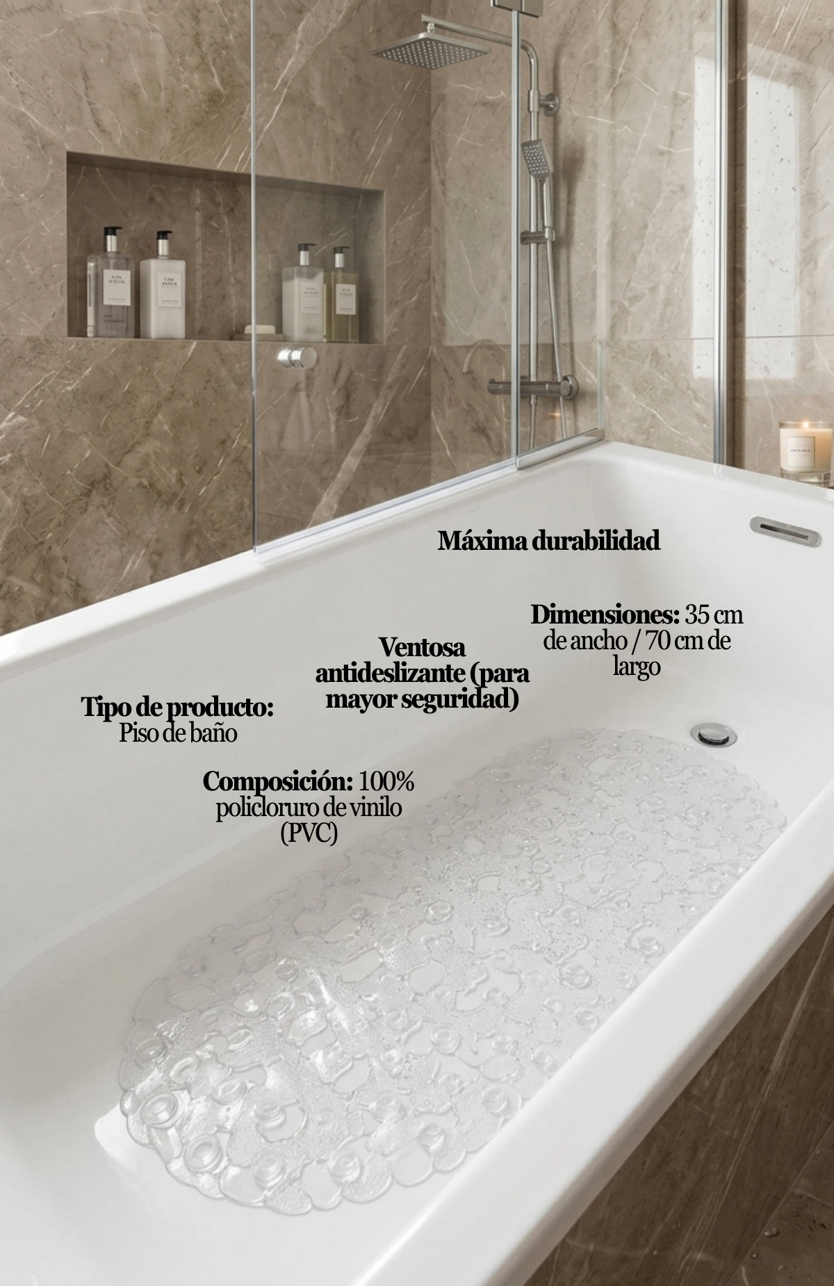 Tapete Antideslizante Piso Ducha Baño Casa Bonita 35x70 Cm