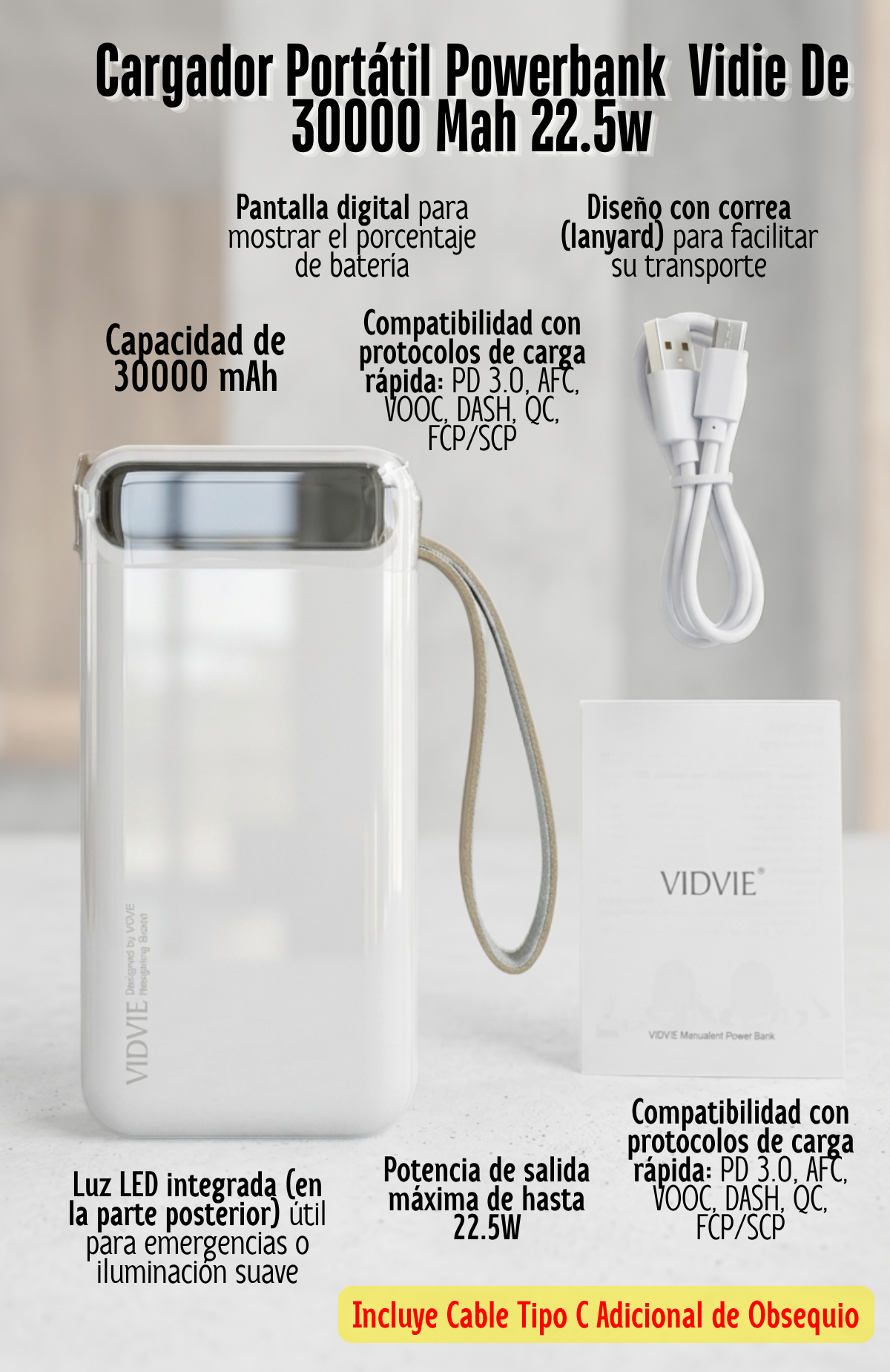 Cargador Portátil Powerbank Vidie De 30000 Mah 22.5w
