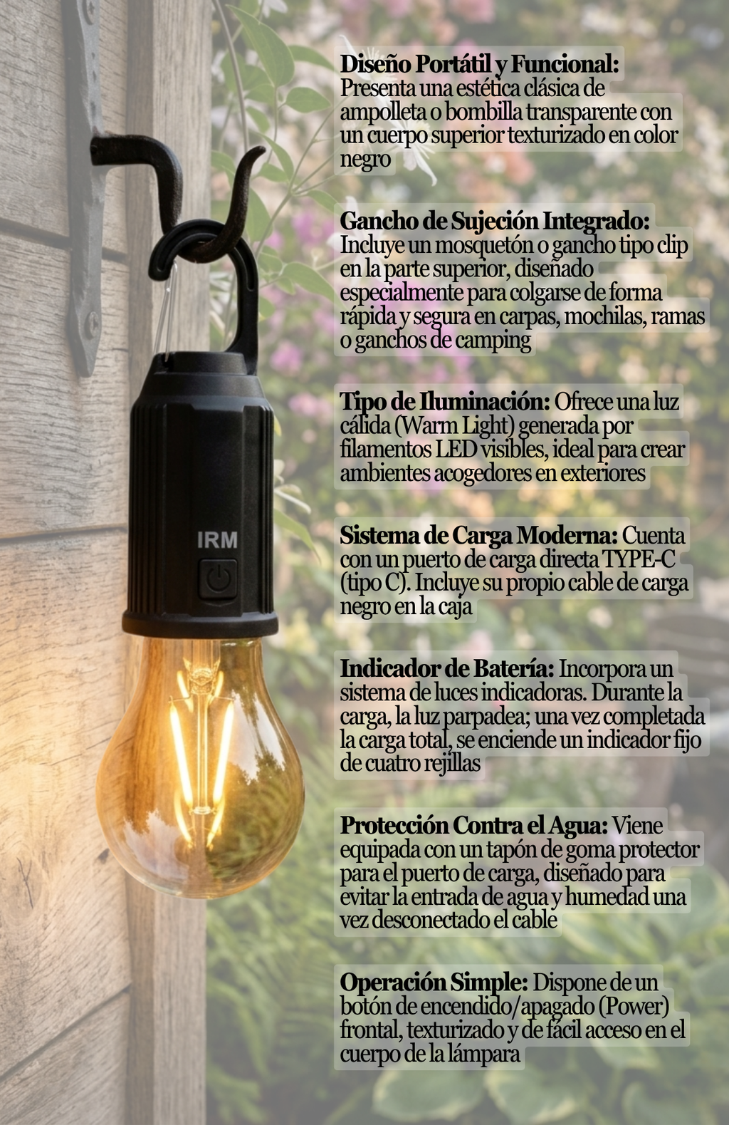 Lámpara Ampolleta Led Colgante Camping Recargable Usb Tipo C