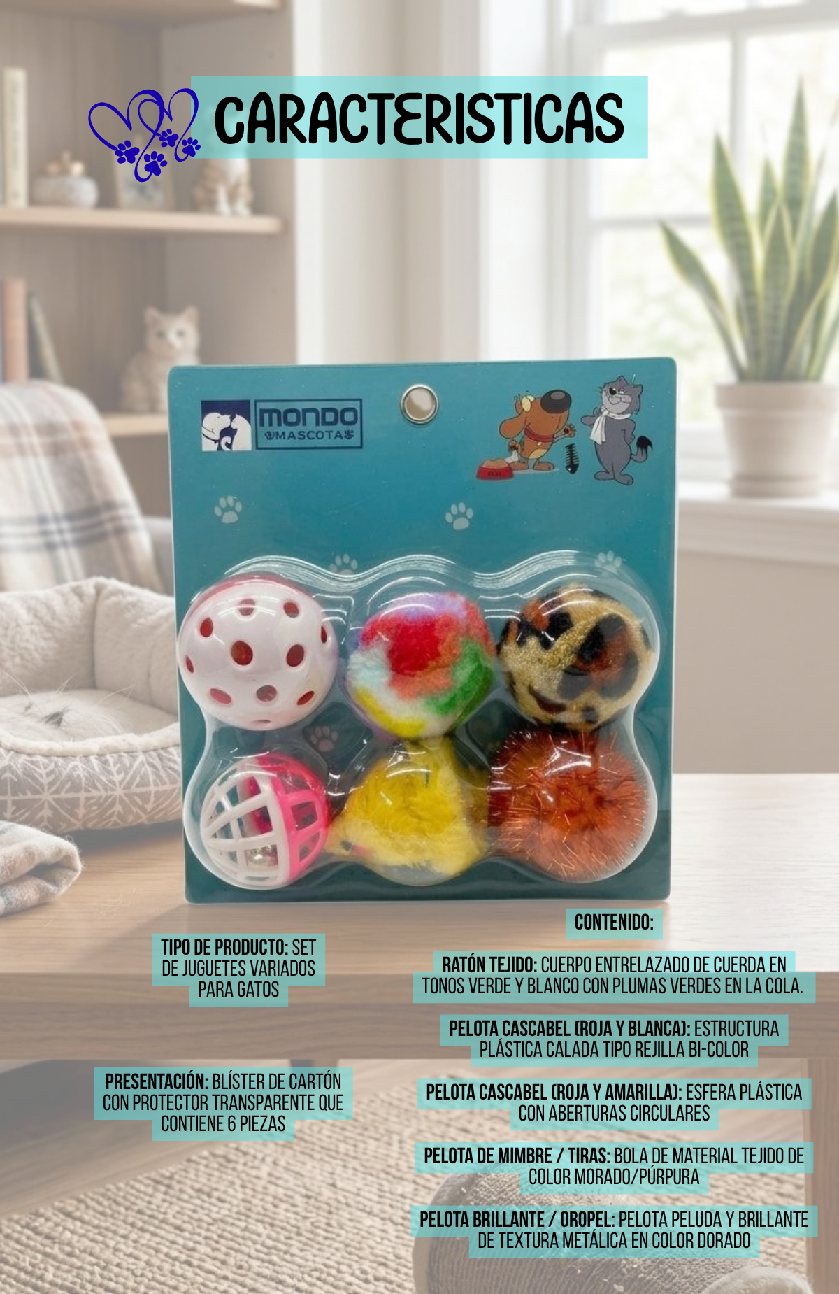 Set 6 Juguetes Para Gato Pelotas Con Cascabel Y Ratón
