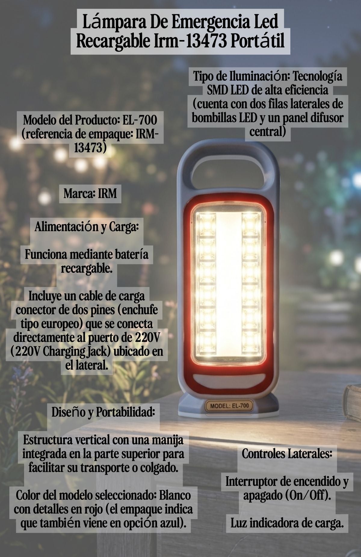 Luz De Emergencia Led Recargable 52cm Tubo Portátil Usb
