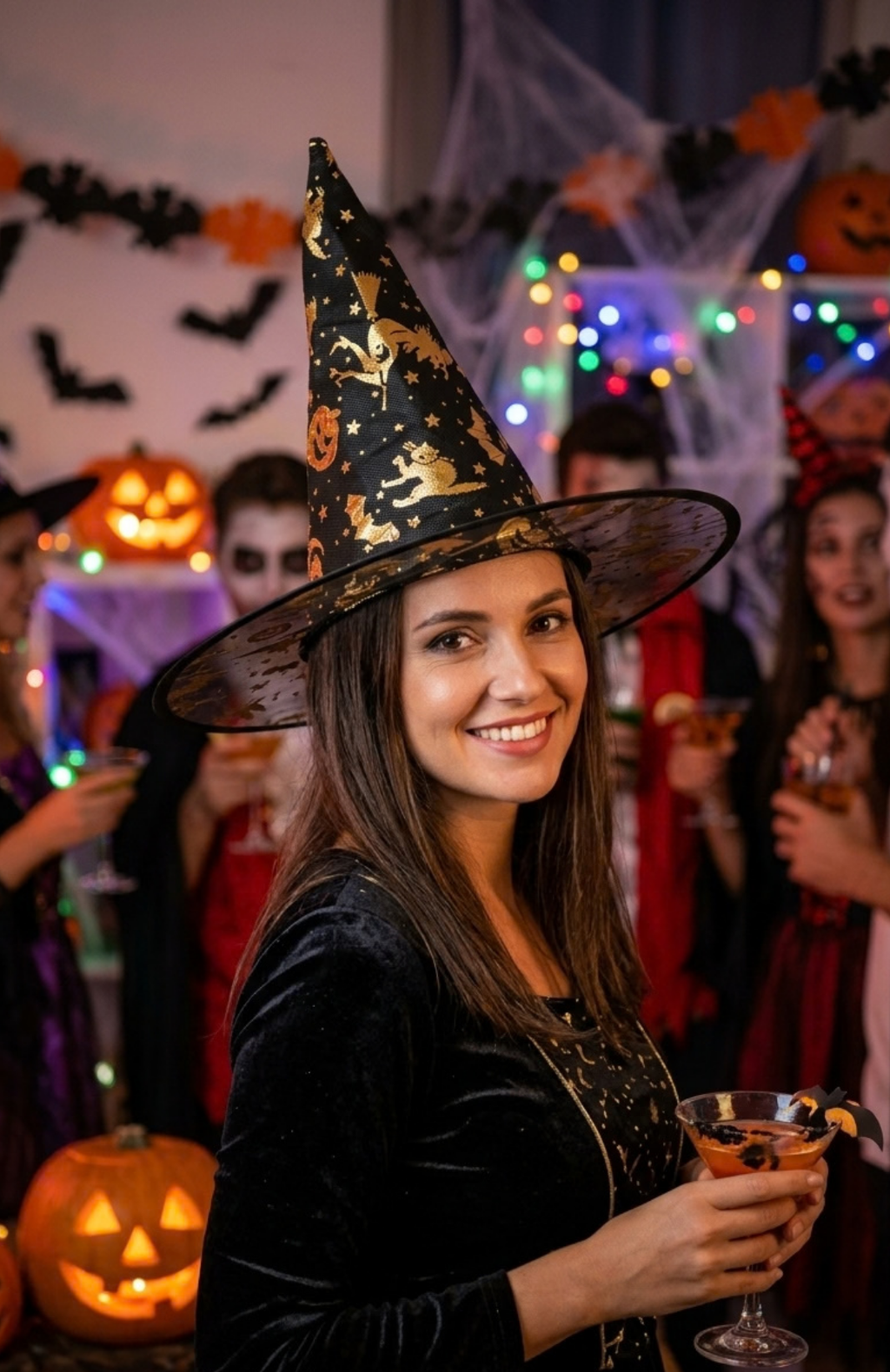 Sombrero De Bruja Negro Con Estampado Dorado Halloween / Fiesta
