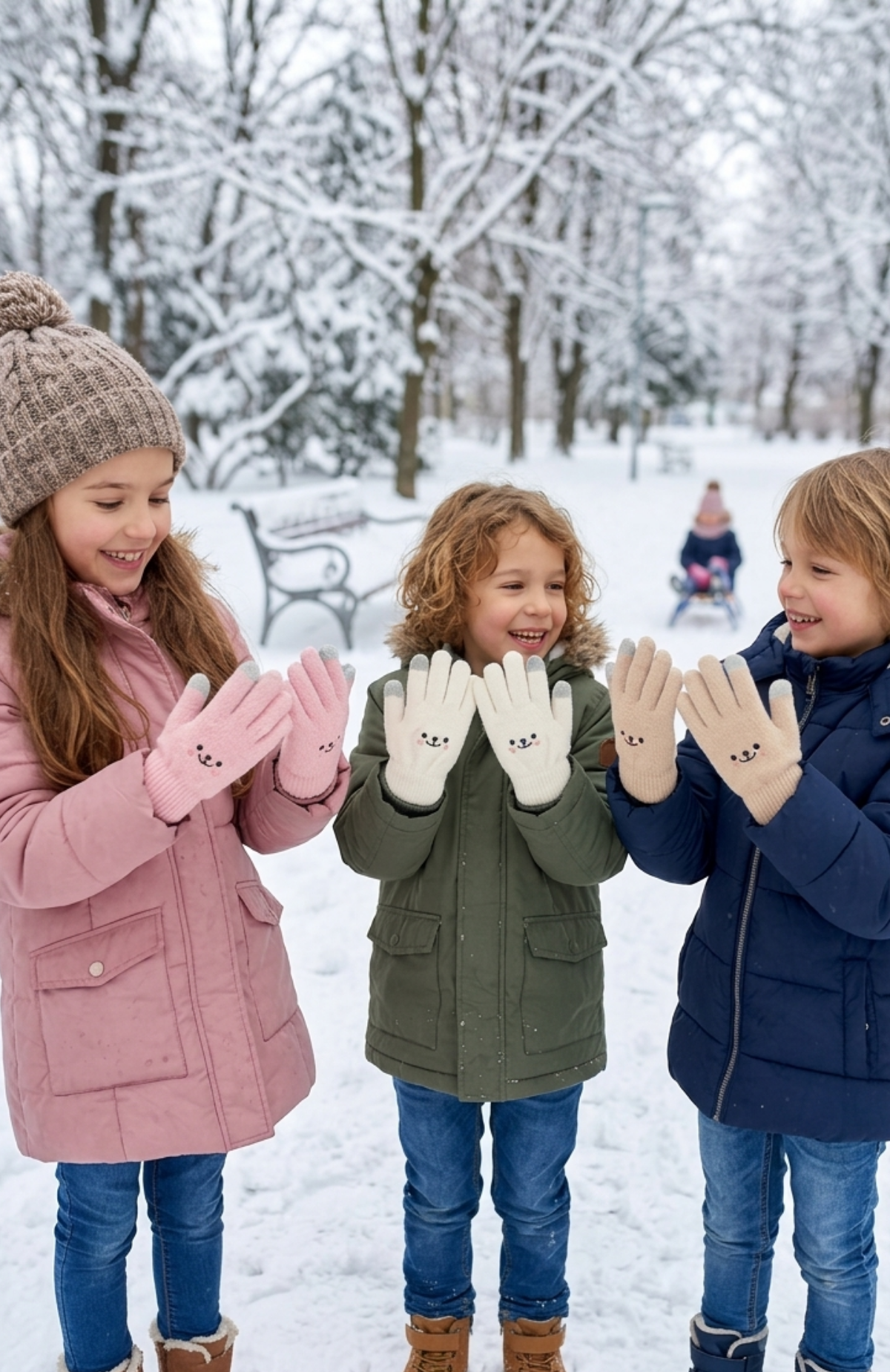 Guantes Táctiles Lana Térmicos Osito Para Niñas 6 A 10 Años