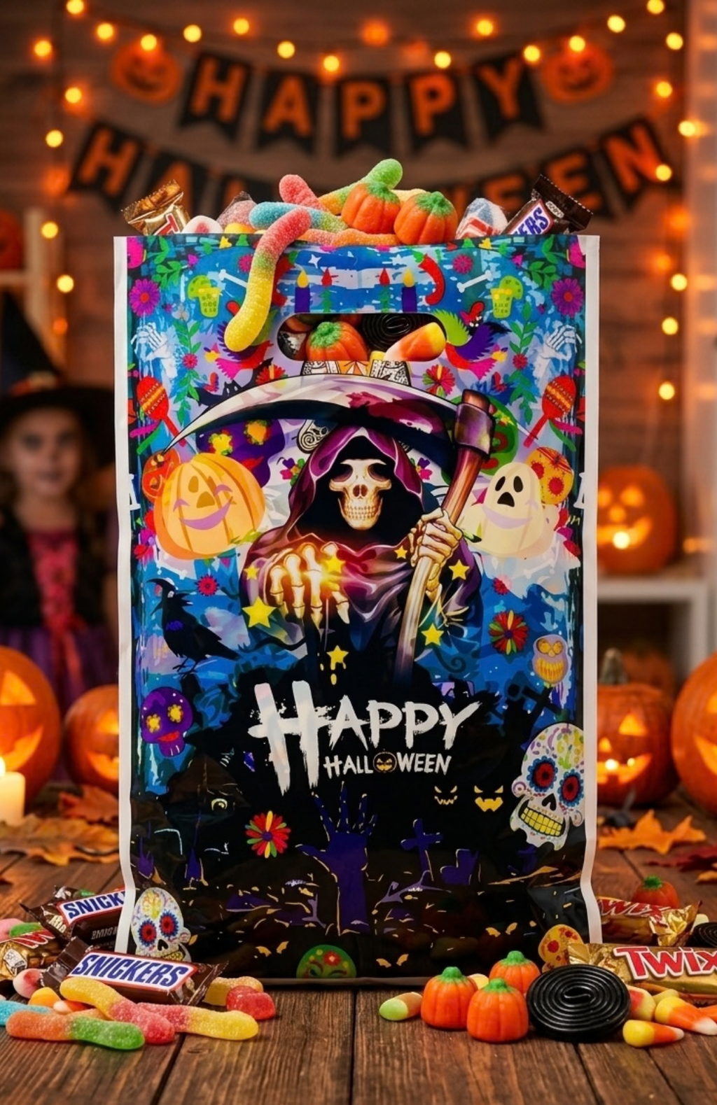 Pack 10 Bolsas Para Dulces Halloween Plásticas Con Manilla 16.5x25.5cm (Muerte)