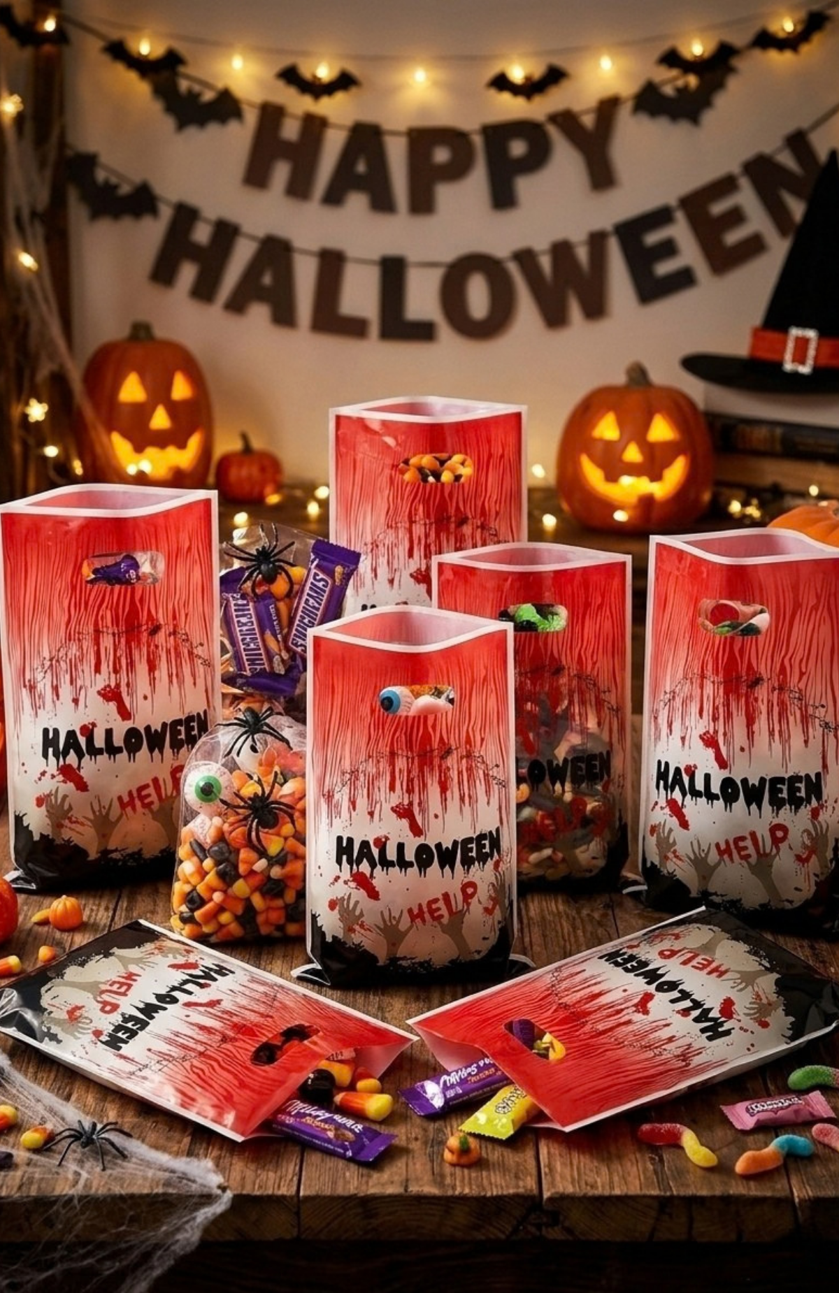 Pack 10 Bolsas Para Dulces Halloween Plásticas Con Manilla 16.5x25.5cm (Sangre)