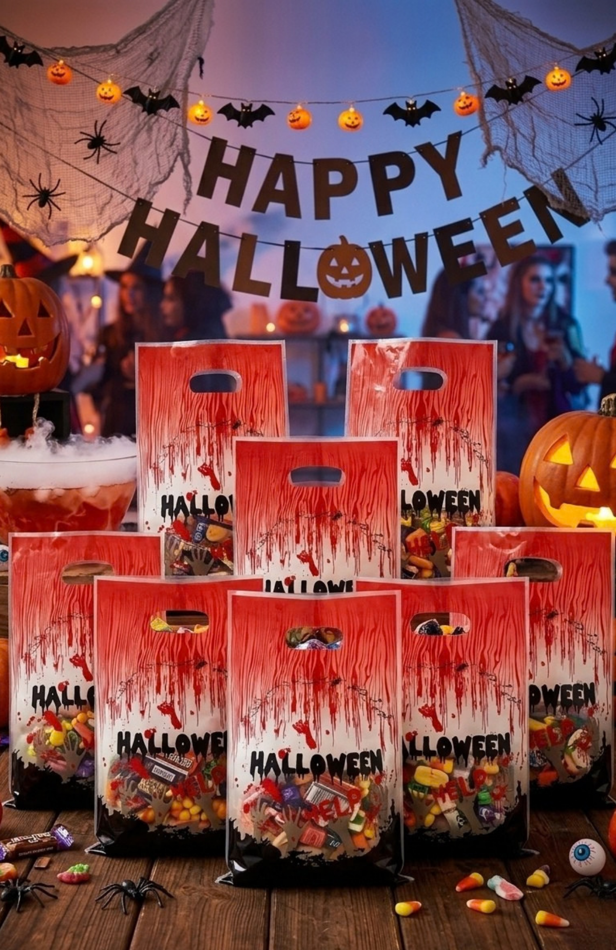 Pack 10 Bolsas Para Dulces Halloween Plásticas Con Manilla 16.5x25.5cm (Sangre)