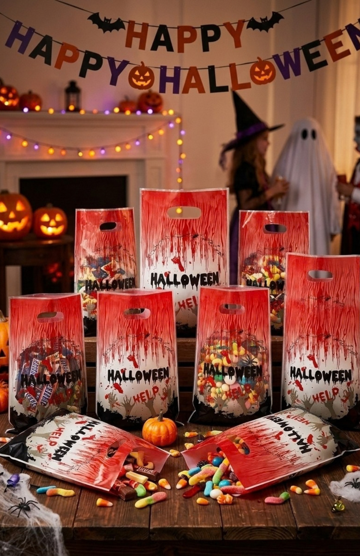 Pack 10 Bolsas Para Dulces Halloween Plásticas Con Manilla 16.5x25.5cm (Sangre)