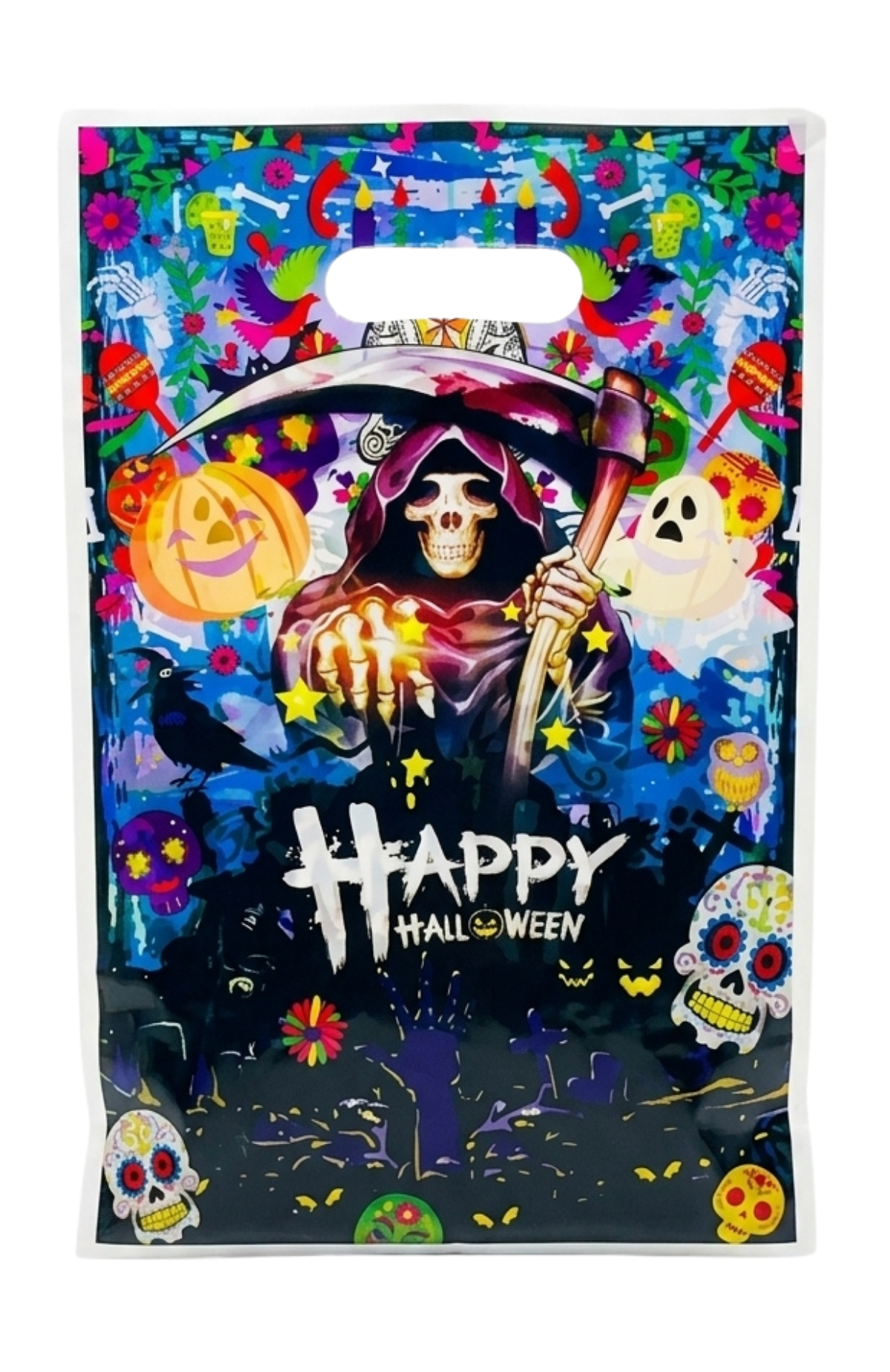 Pack 10 Bolsas Para Dulces Halloween Plásticas Con Manilla 16.5x25.5cm (Muerte)
