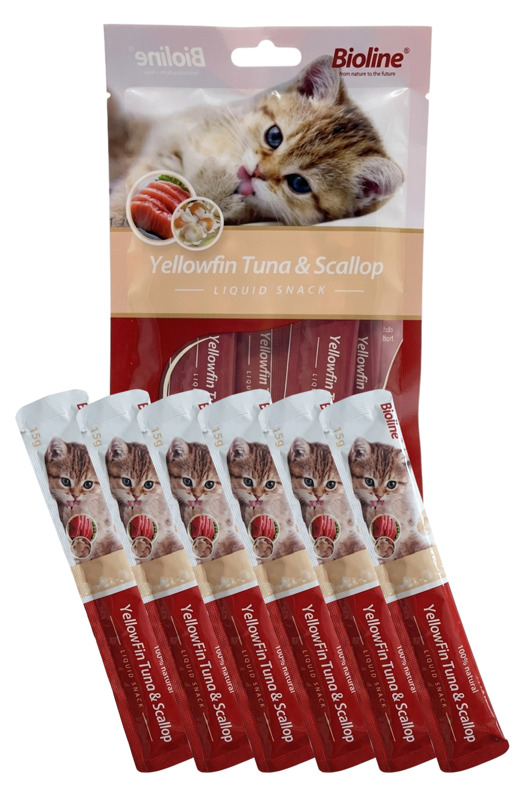 Pack 6 Snack Líquido Gatos Bioline Sabor Bonito (atún) 15 G