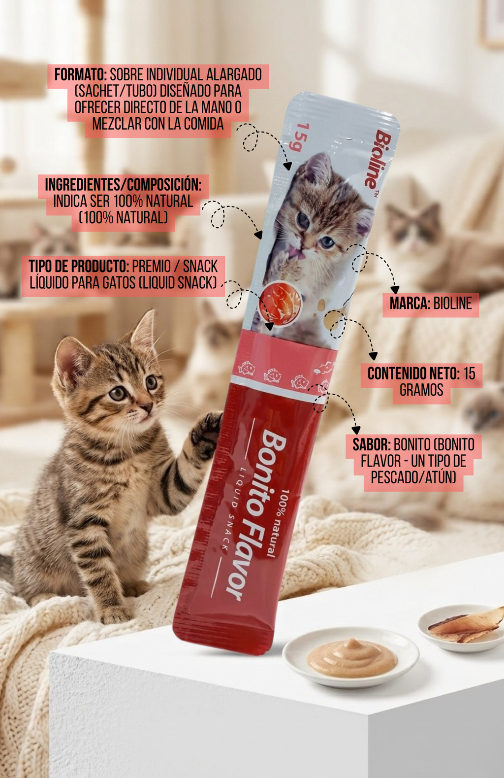 Pack 6 Snack Líquido Gatos Bioline Sabor Bonito (atún) 15 G
