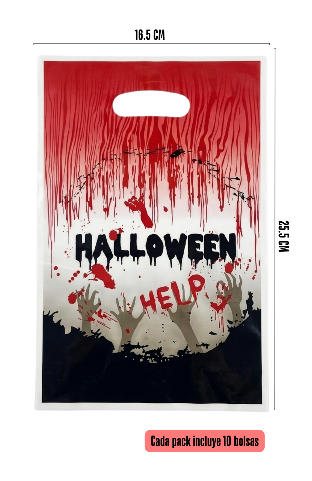 Pack 10 Bolsas Para Dulces Halloween Plásticas Con Manilla 16.5x25.5cm (Sangre)