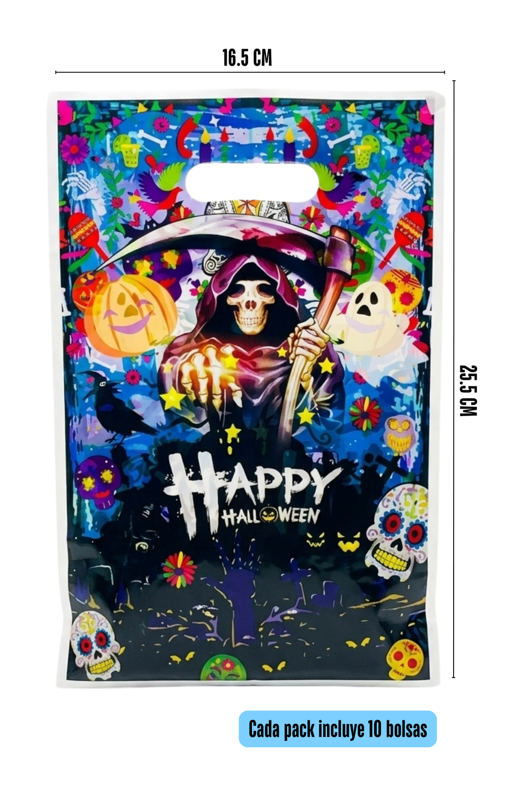 Pack 10 Bolsas Para Dulces Halloween Plásticas Con Manilla 16.5x25.5cm (Muerte)