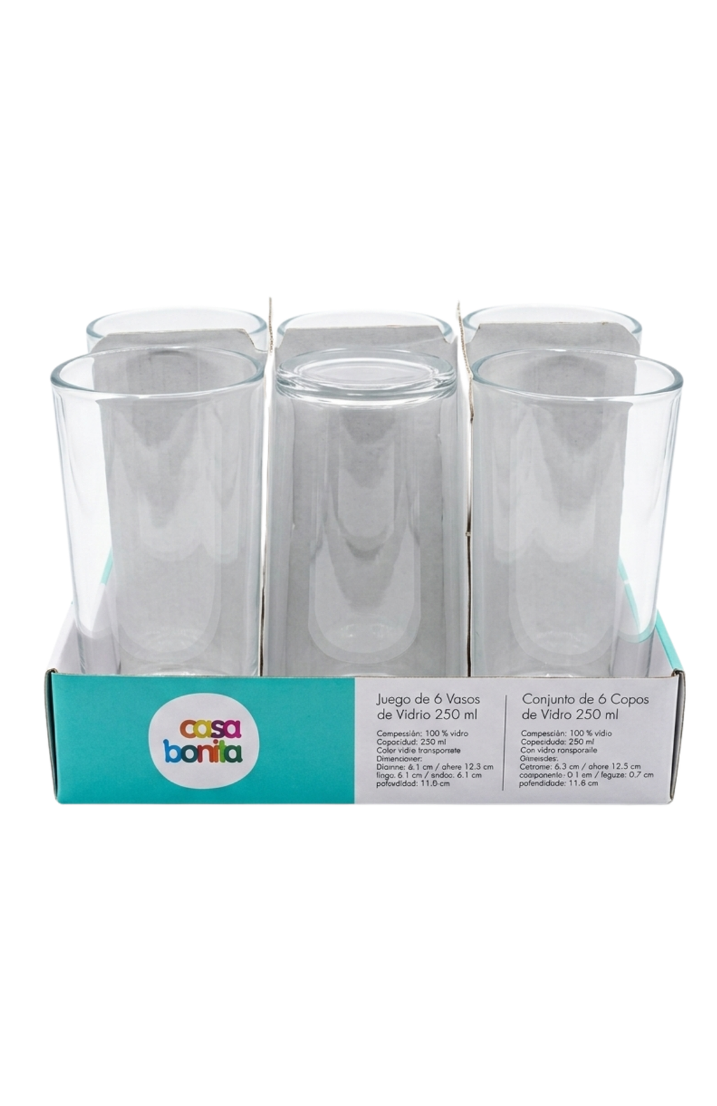 Set De 6 Vasos De Vidrio 250ml Casa Bonita Cristalería Hogar