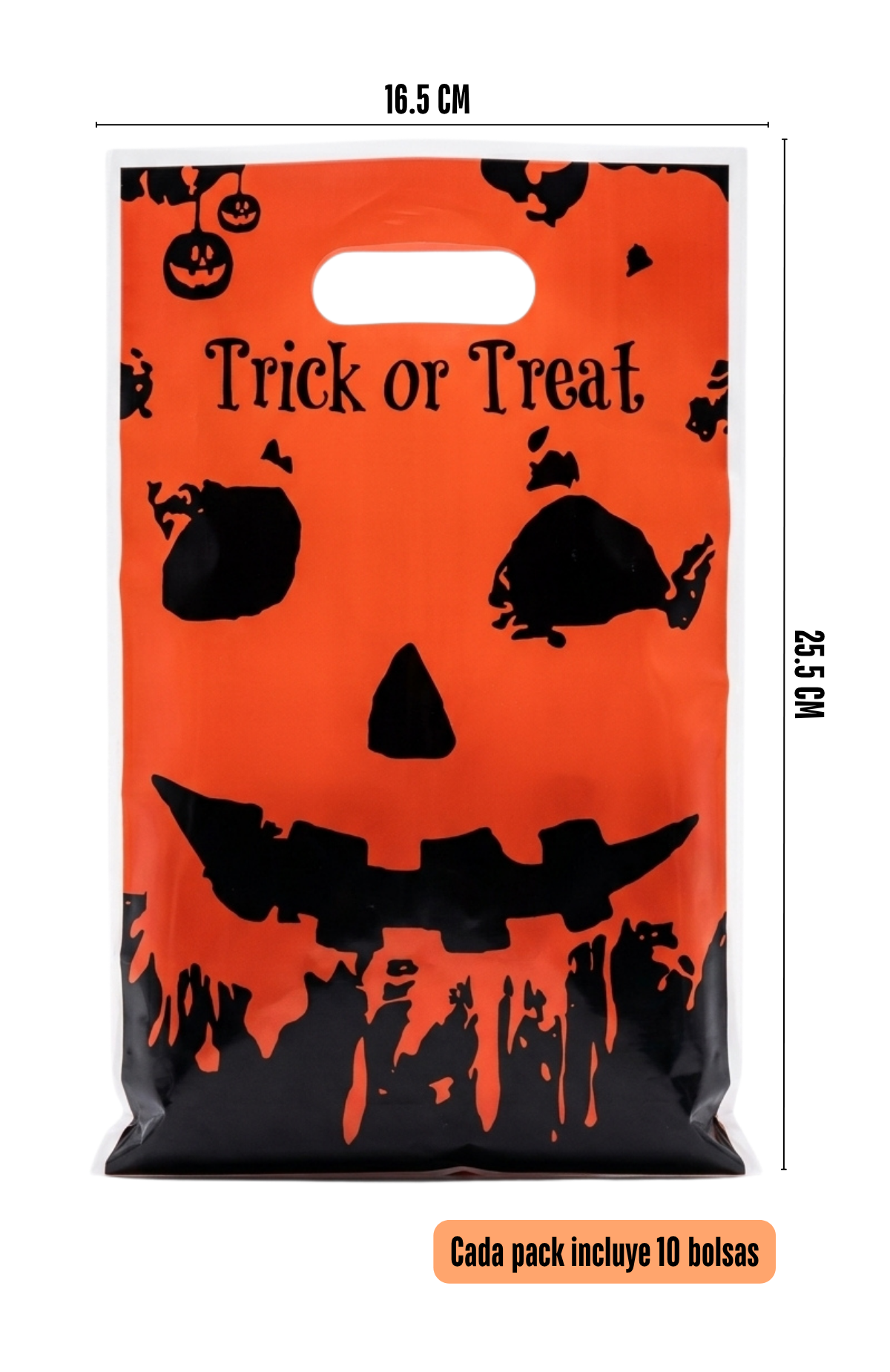 Pack 10 Bolsas Para Dulces Halloween Plásticas Con Manilla 16.5x25.5cm (Trick Or Treat)