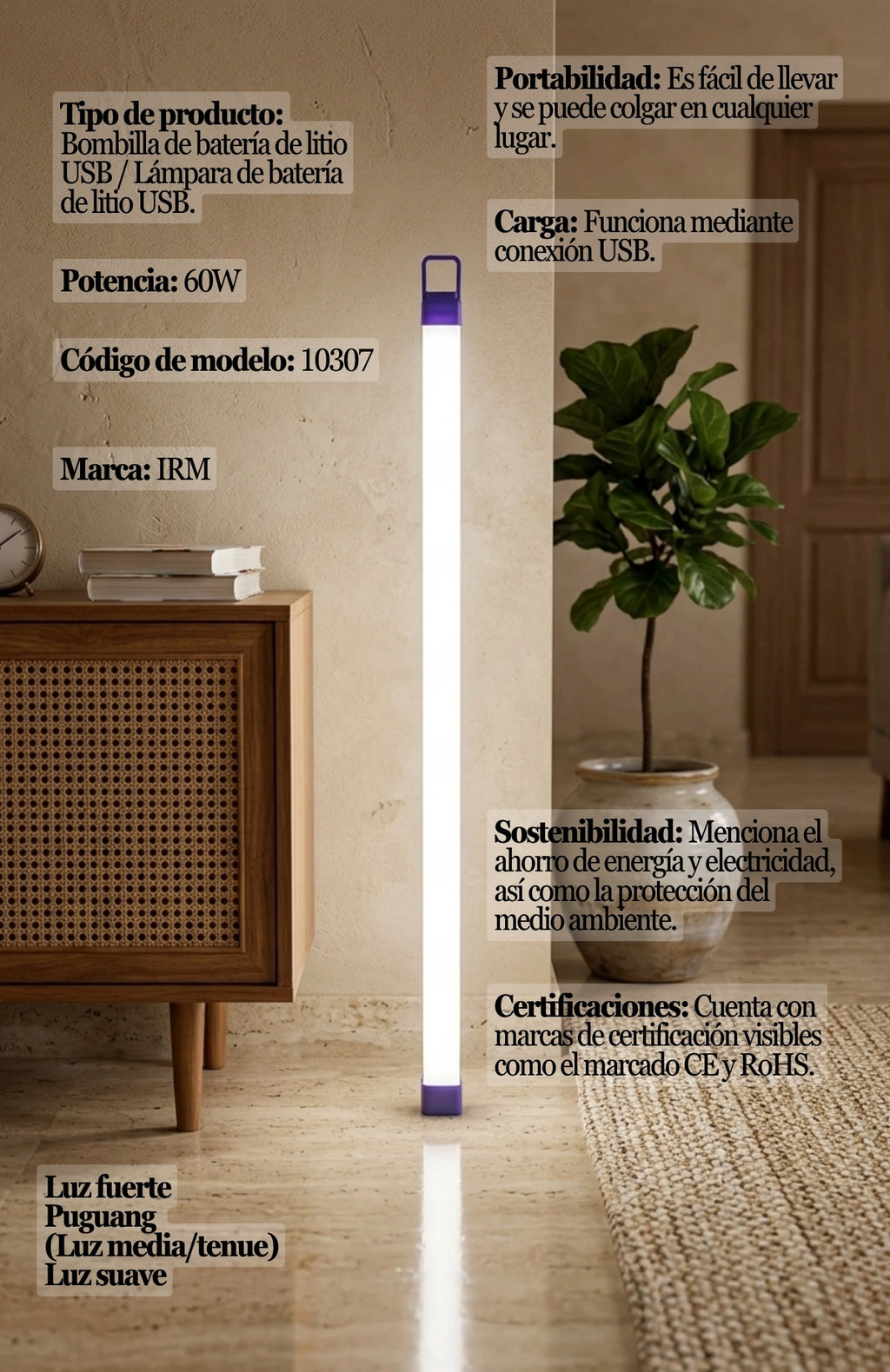 Luz De Emergencia Led Recargable 52cm Tubo Portátil USB