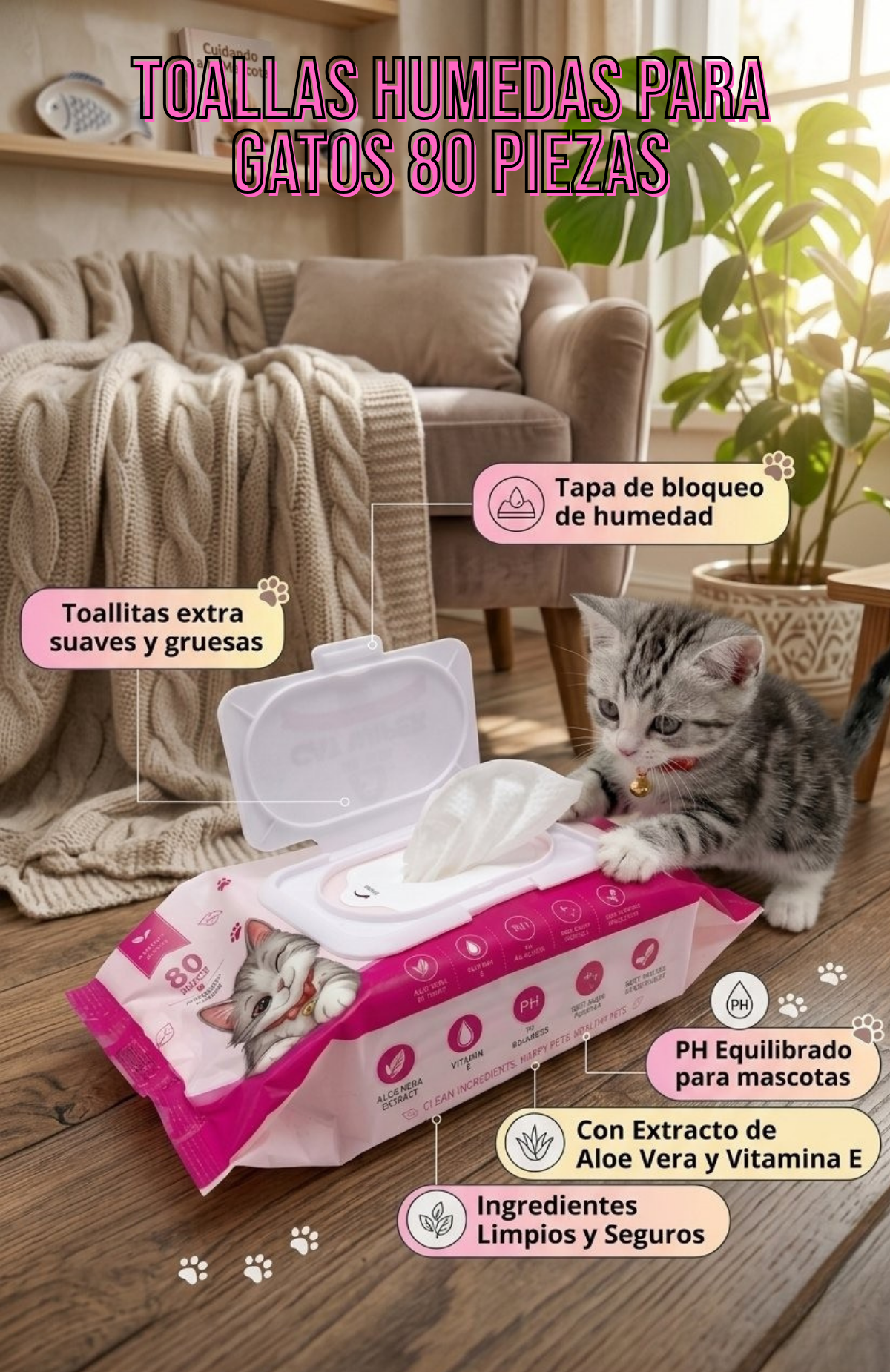 Toallitas Húmedas Gatos PETGAGA 80 Unidades Aloe Vera