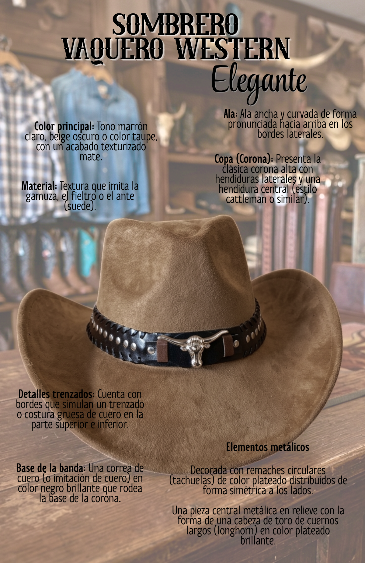 Sombrero Vaquero Estilo Western Texano Adultos Unisex Cowboy