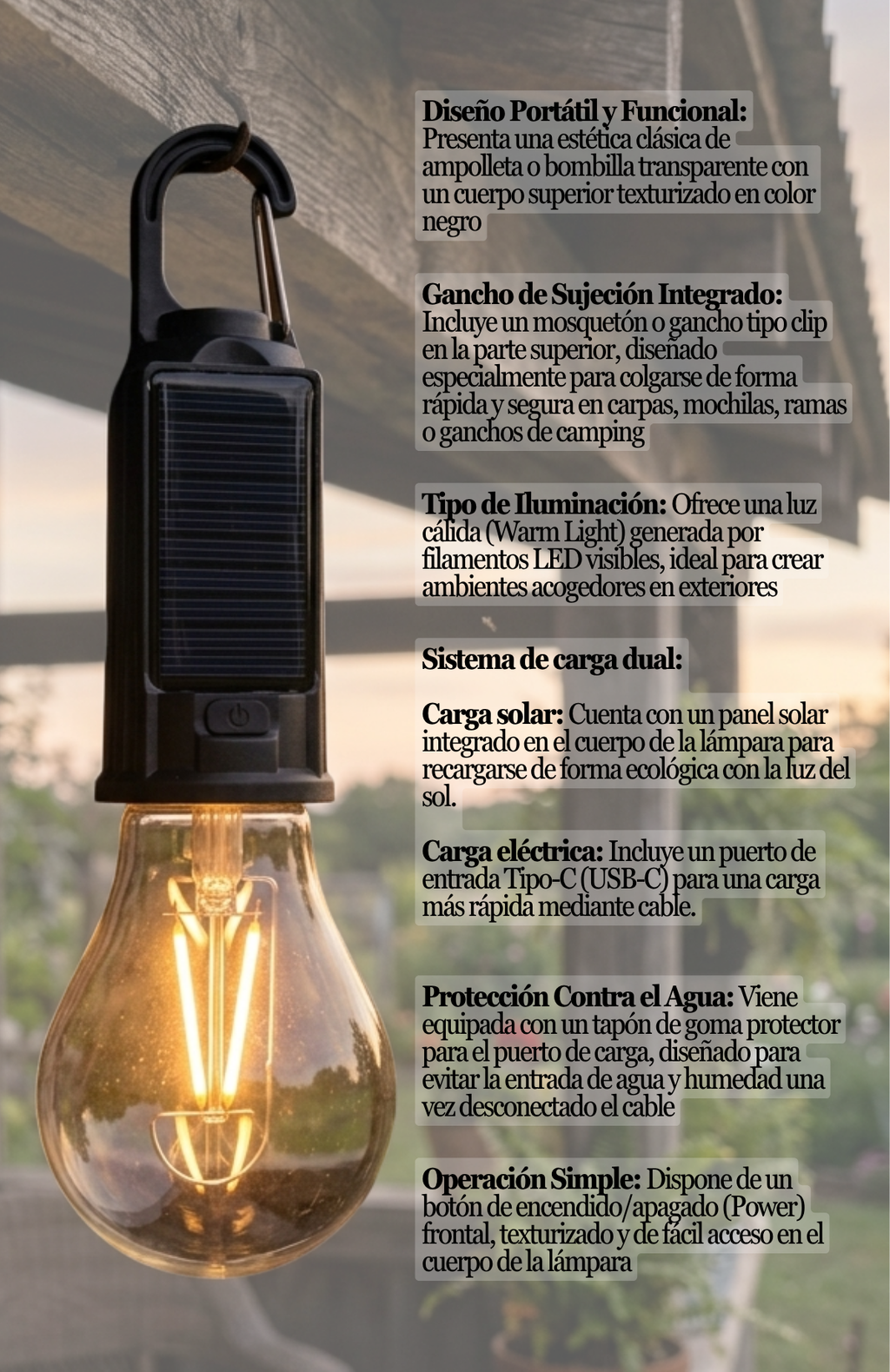 Lámpara Foco Led Colgante Camping Recargable Usb - Solar