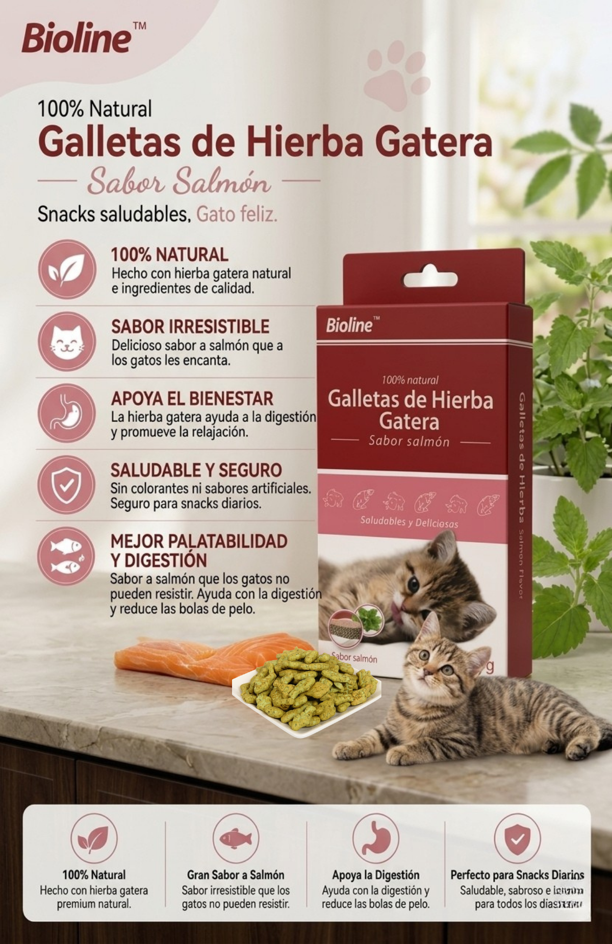 Pack 6 Snack Bioline Para Gato Con Catnip Y Salmón / Bacalao 80 G
