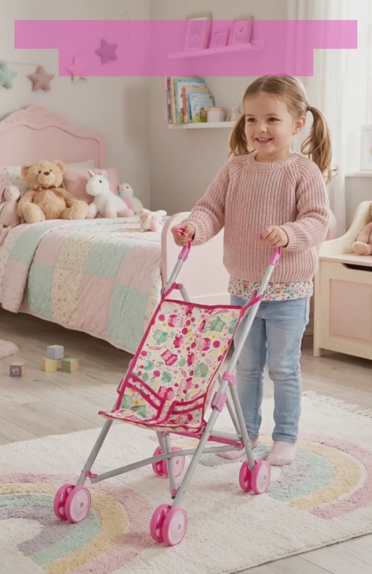 Coche De Juguete Para Muñecas Paseador Plegable Rosa